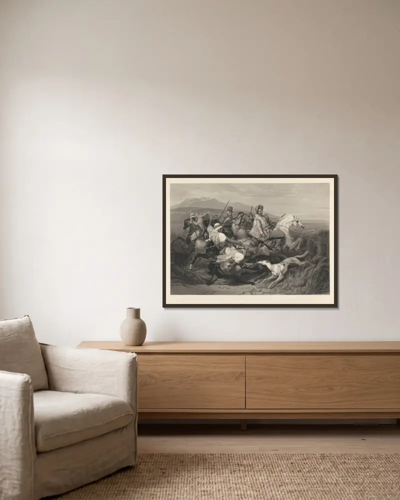 Chasse au sanglier (after Horace Vernet) av Jean-Pierre-Marie Jazet inramad på en vägg