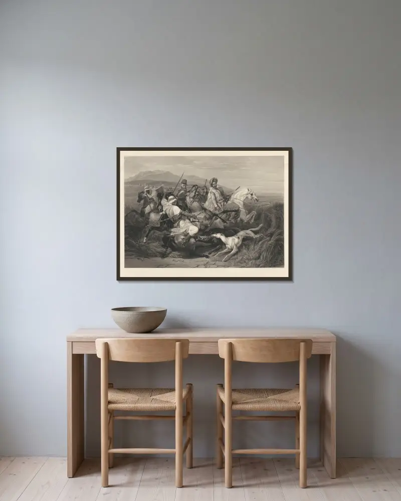 Chasse au sanglier (after Horace Vernet) av Jean-Pierre-Marie Jazet inramad på en vägg