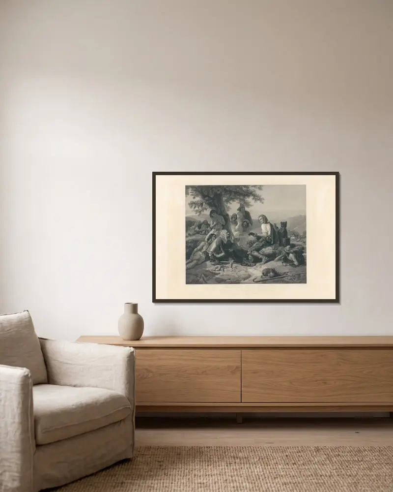 Don Quixote unter den hirten (after Adolf Schrödter) av Jean-Pierre-Marie Jazet inramad på en vägg