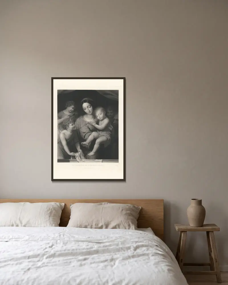 Le Sommeil de l’Enfant Jésus (after Léonard de Vinci) av Jean-Pierre-Marie Jazet inramad på en vägg