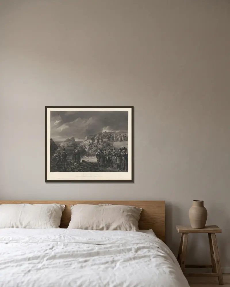 Belägringen av Antwerpen – Etablering vid bräschen vid Lunette St Laurent (15 december 1832) av Jean-Pierre-Marie Jazet inramad på en vägg