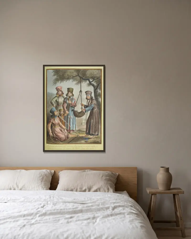 Bédouines – elles habitent la Palestine – elles portent au nez un aneau en argent. Leurs manières de battre du beure dans une outre av François-Marie Rosset inramad på en vägg