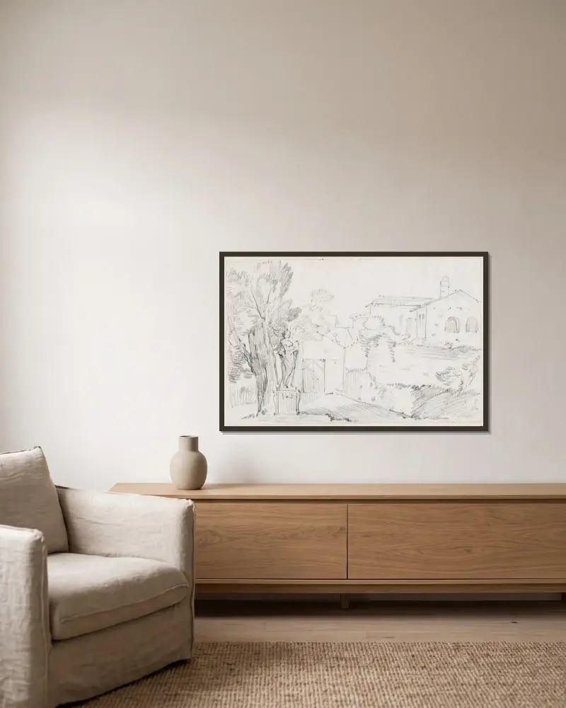 Kout italské zahrady s kostelem v dálce, Joseph-Marie Vien v rámu na stěně