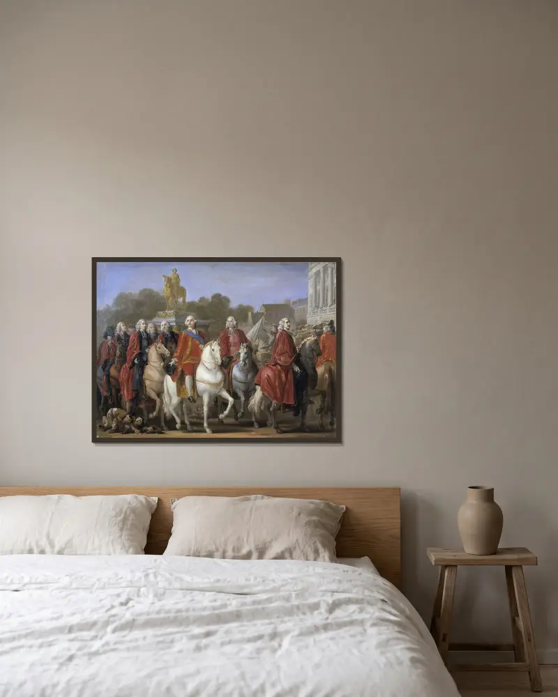 Invigningen av Ludvig XV:s staty på Place Louis XV av Joseph-Marie Vien inramad på en vägg