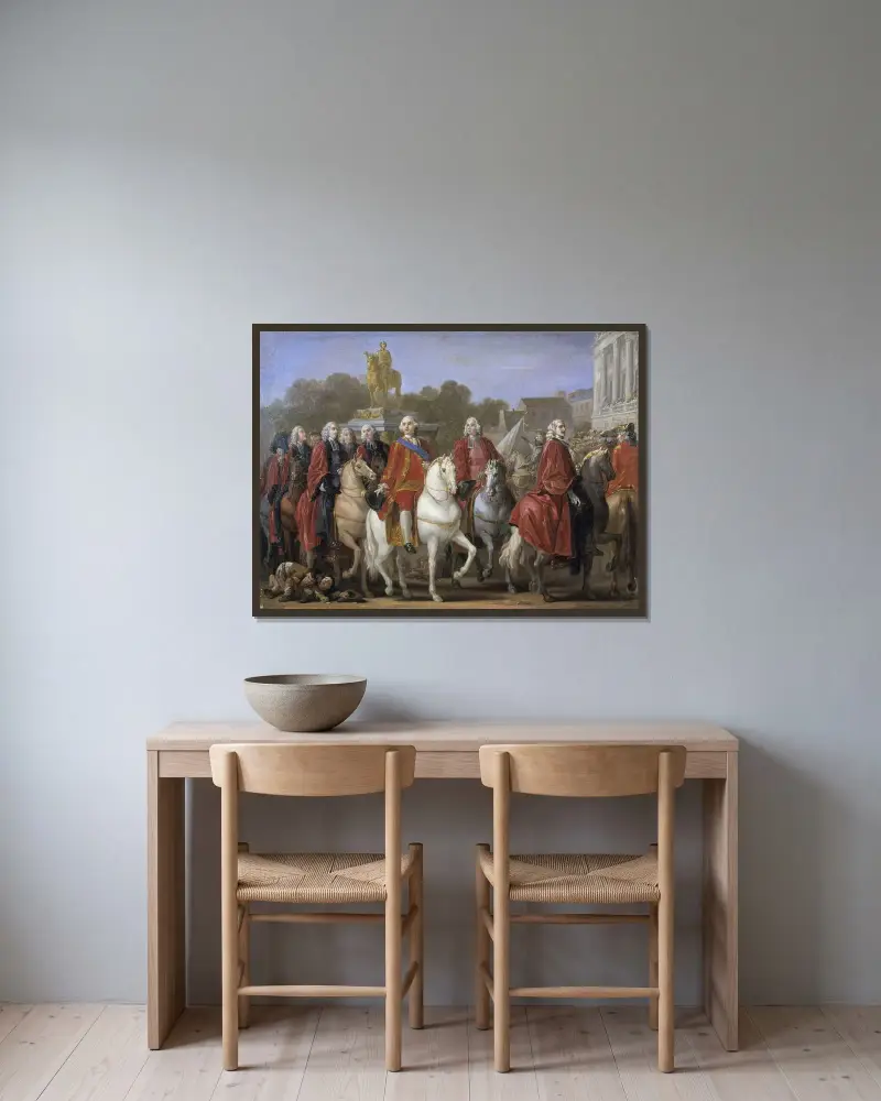 Invigningen av Ludvig XV:s staty på Place Louis XV av Joseph-Marie Vien inramad på en vägg