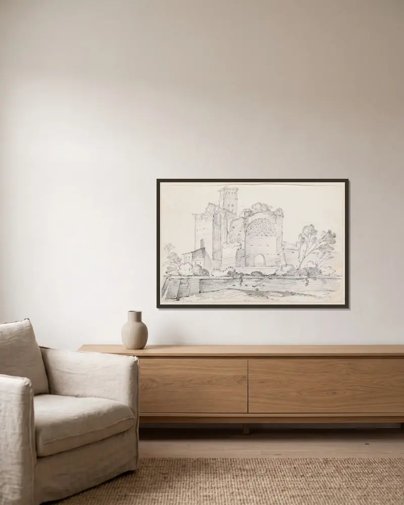 Ruinen des Tempels der Venus und Roma auf dem Forum von Joseph-Marie Vien gerahmt an einer Wand