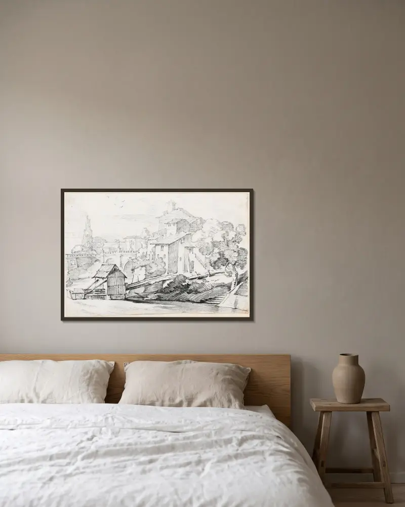 Die Ponte Sant’Angelo und Häuser am Ostufer des Tiber von Joseph-Marie Vien gerahmt an einer Wand