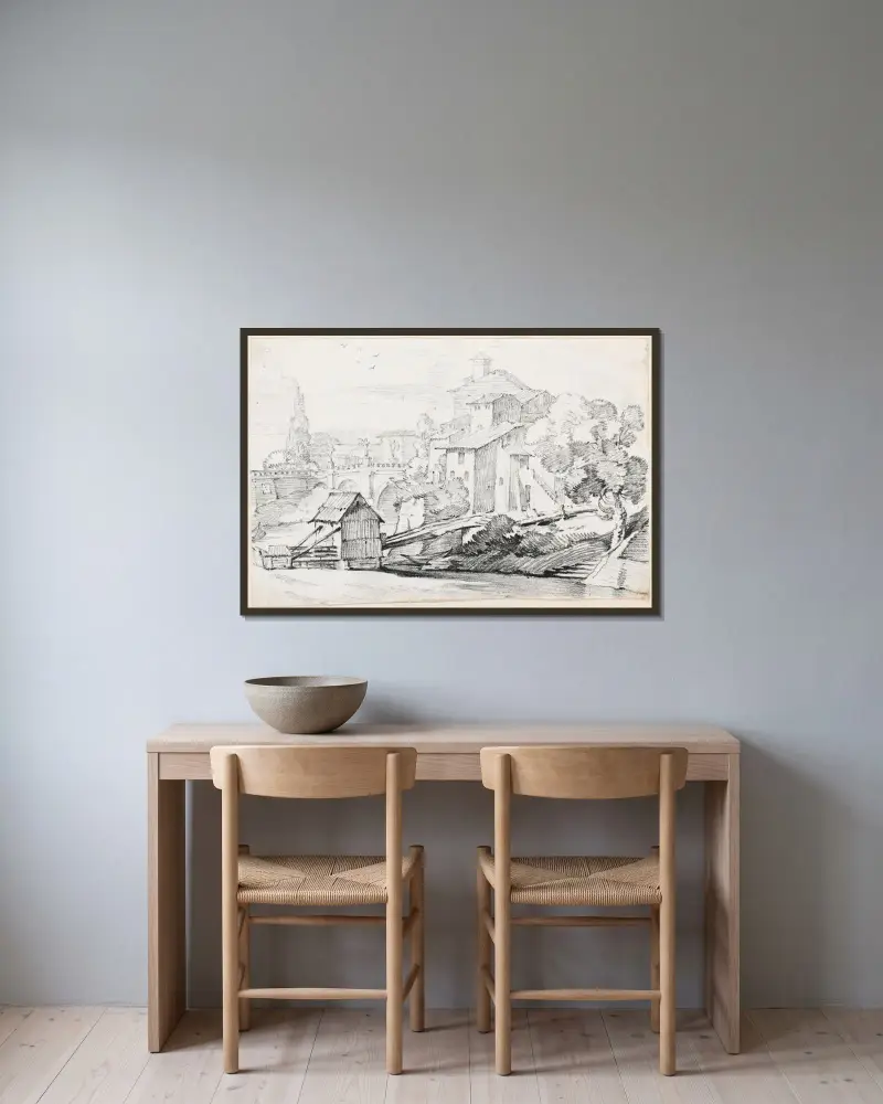 Die Ponte Sant’Angelo und Häuser am Ostufer des Tiber von Joseph-Marie Vien gerahmt an einer Wand
