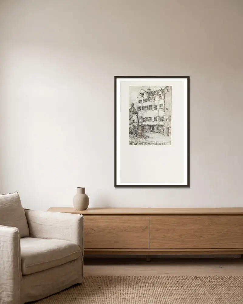 Das alte Fachwerkhaus von Jessie Marion King gerahmt an einer Wand