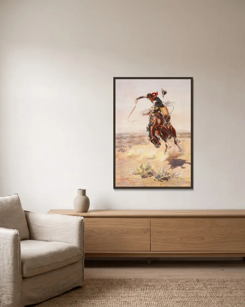 Ein böses Pferd von Charles Marion Russell gerahmt an einer Wand