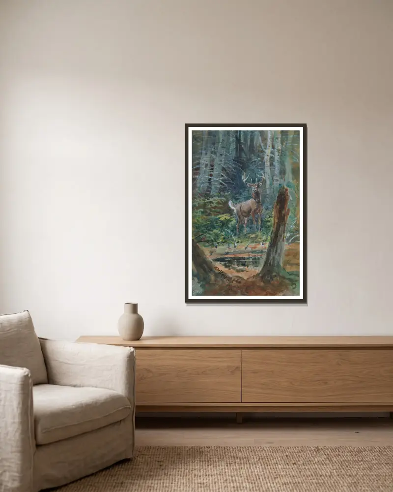 Deer In The Dell av Charles Marion Russell inramad på en vägg