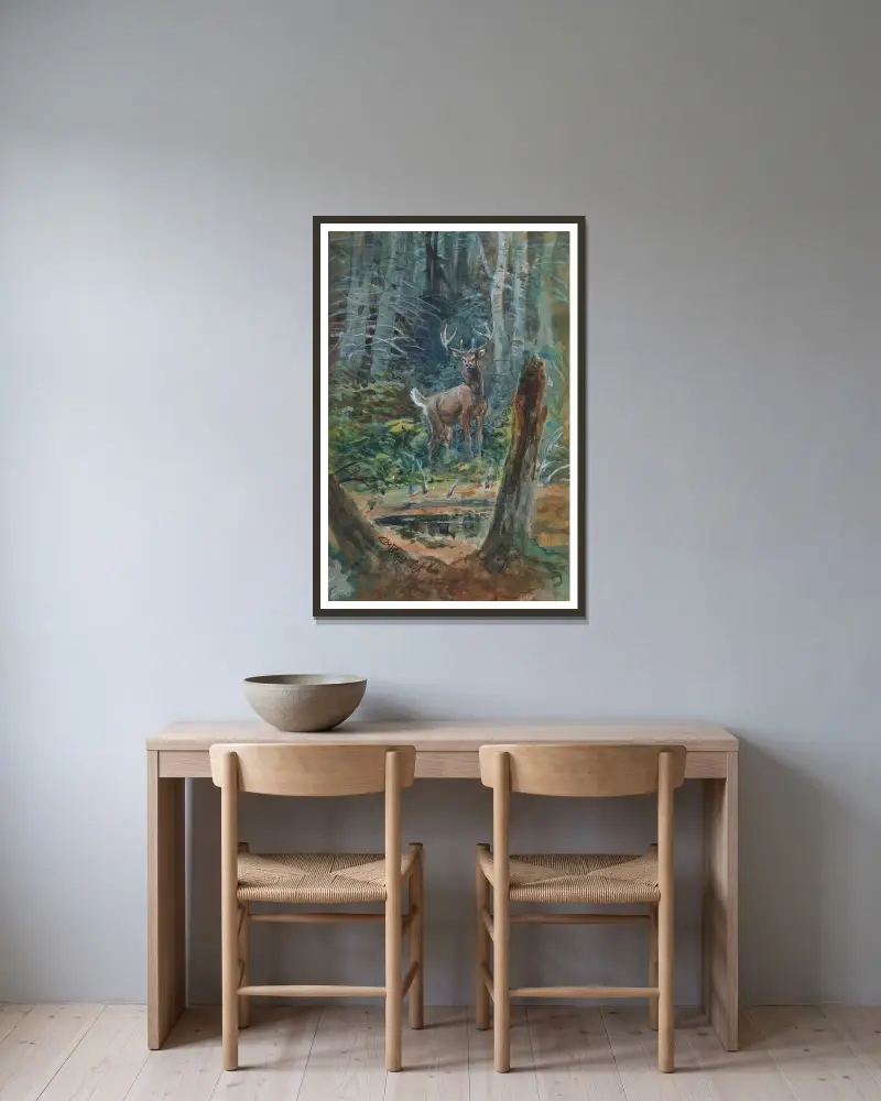 Deer In The Dell av Charles Marion Russell inramad på en vägg