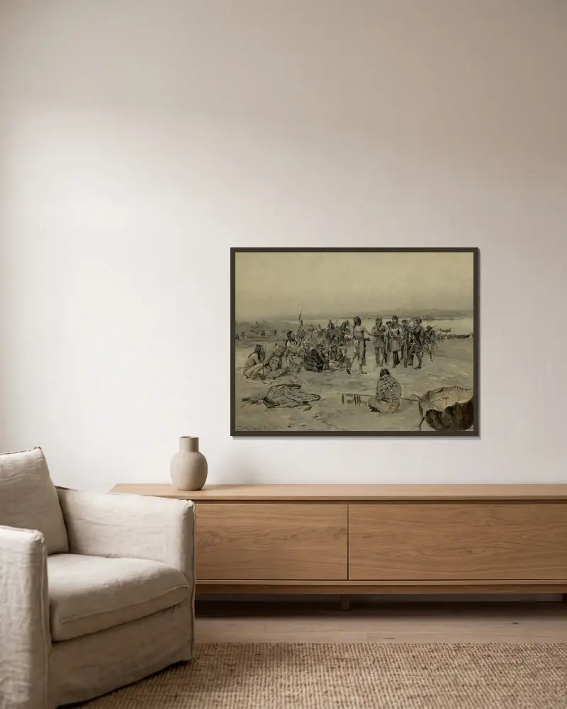 Lewis und Clark treffen die Mandan von Charles Marion Russell gerahmt an einer Wand