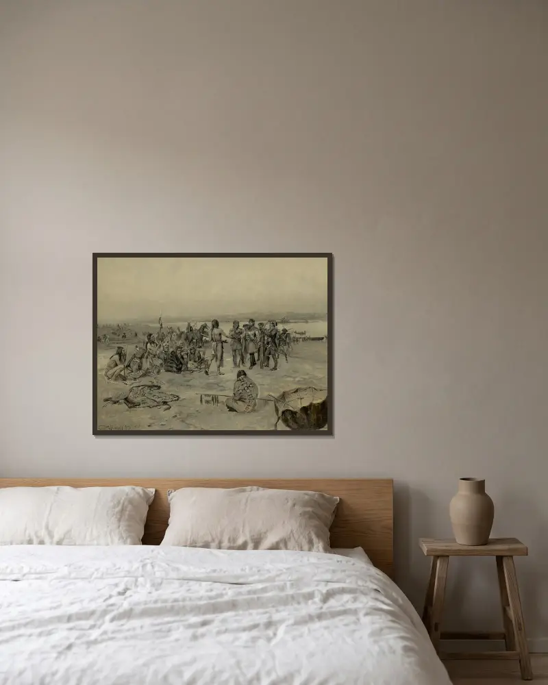 Lewis und Clark treffen die Mandan von Charles Marion Russell gerahmt an einer Wand