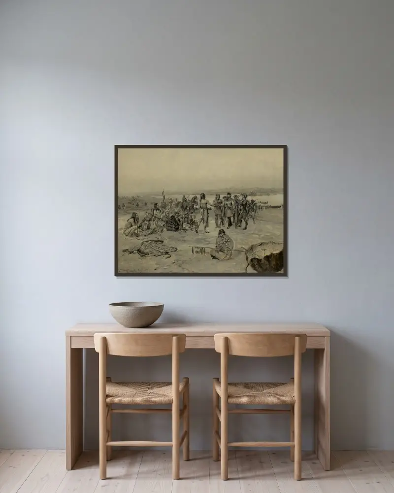 Lewis und Clark treffen die Mandan von Charles Marion Russell gerahmt an einer Wand