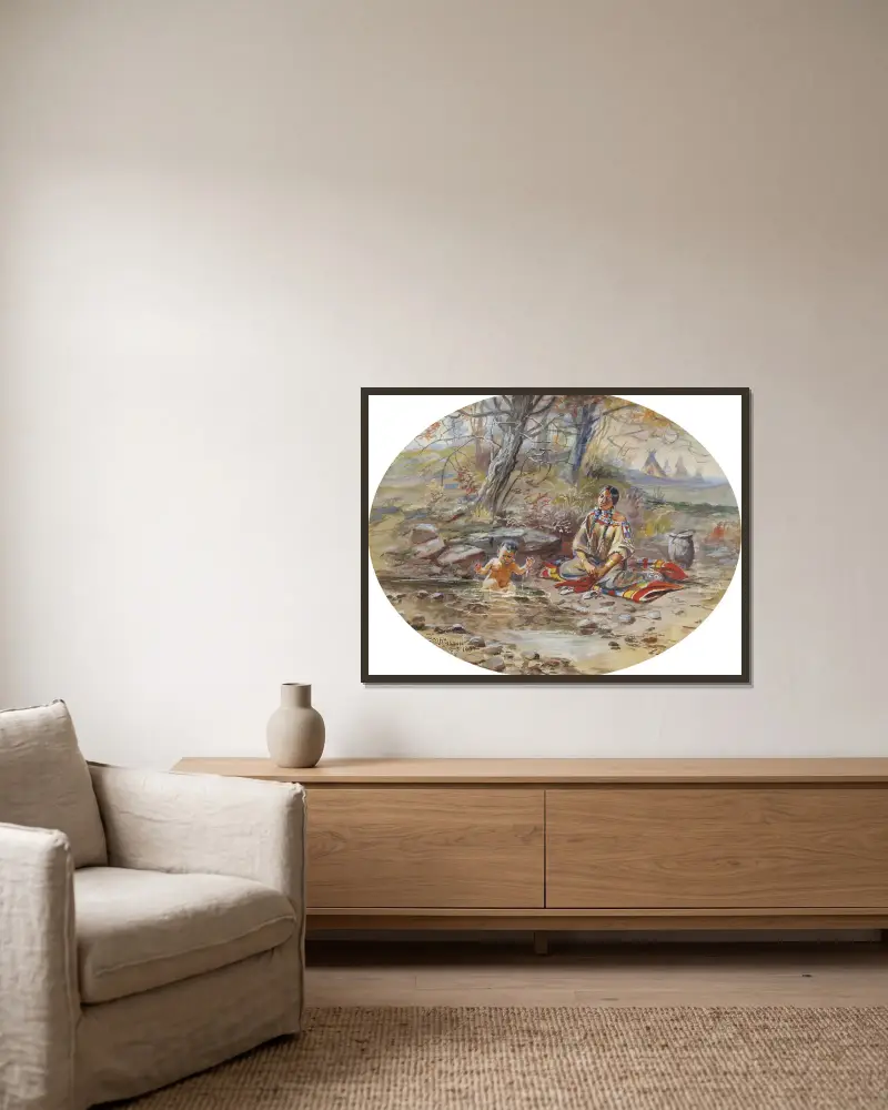 Das Bad von Charles Marion Russell gerahmt an einer Wand
