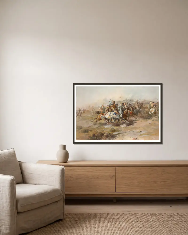 Custers Kampf von Charles Marion Russell gerahmt an einer Wand