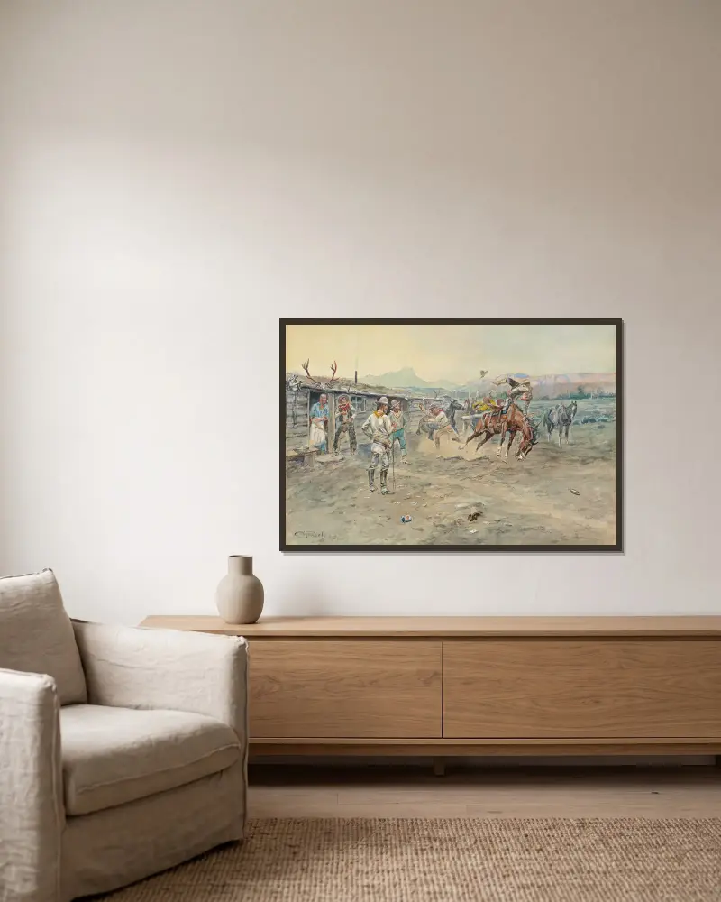 Der Grünschnabel von Charles Marion Russell gerahmt an einer Wand