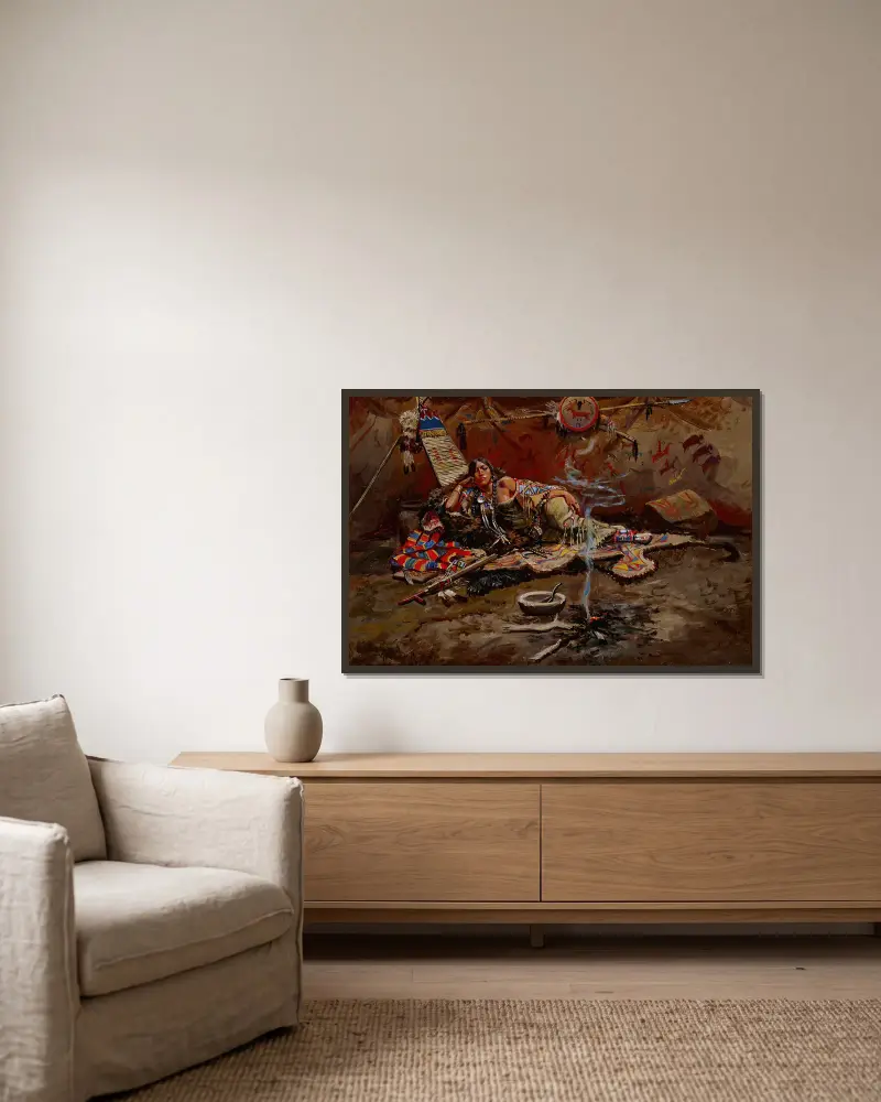 Warten und zornig von Charles Marion Russell gerahmt an einer Wand