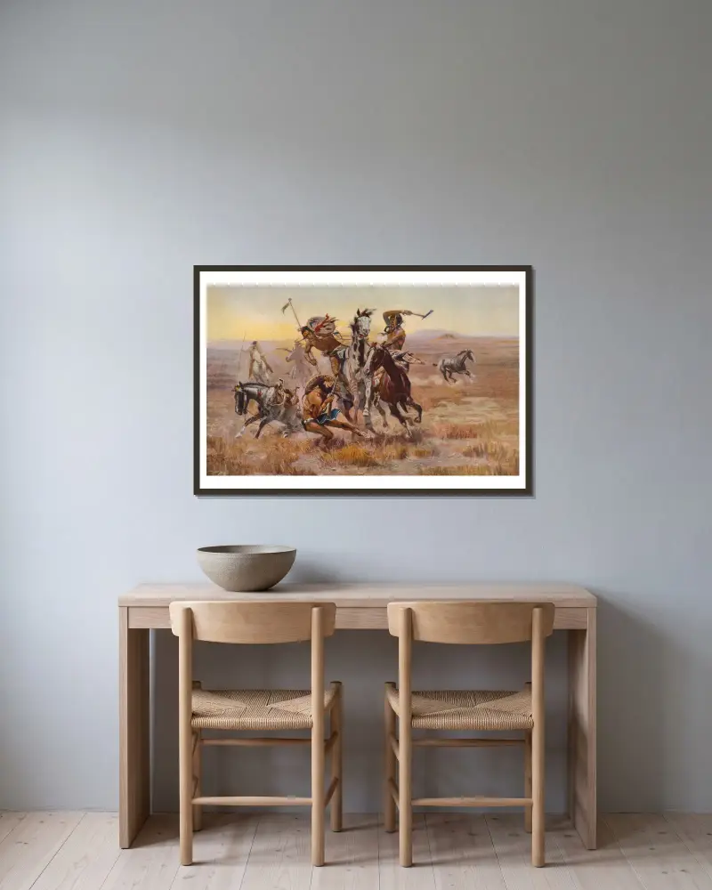När siouxer och svartfötter möttes av Charles Marion Russell inramad på en vägg
