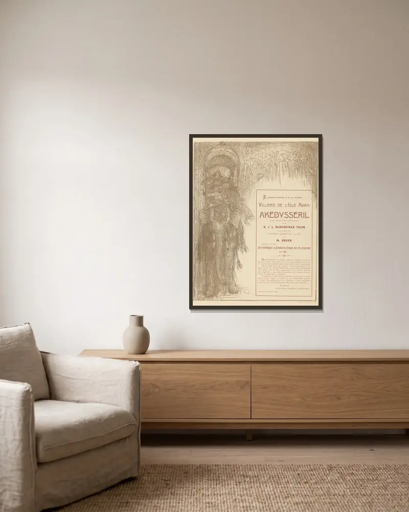 Plakat für Akëdysséril von Marius Bauer gerahmt an einer Wand