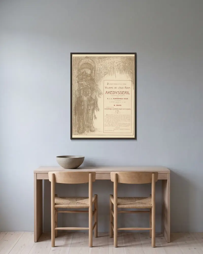 Plakat für Akëdysséril von Marius Bauer gerahmt an einer Wand