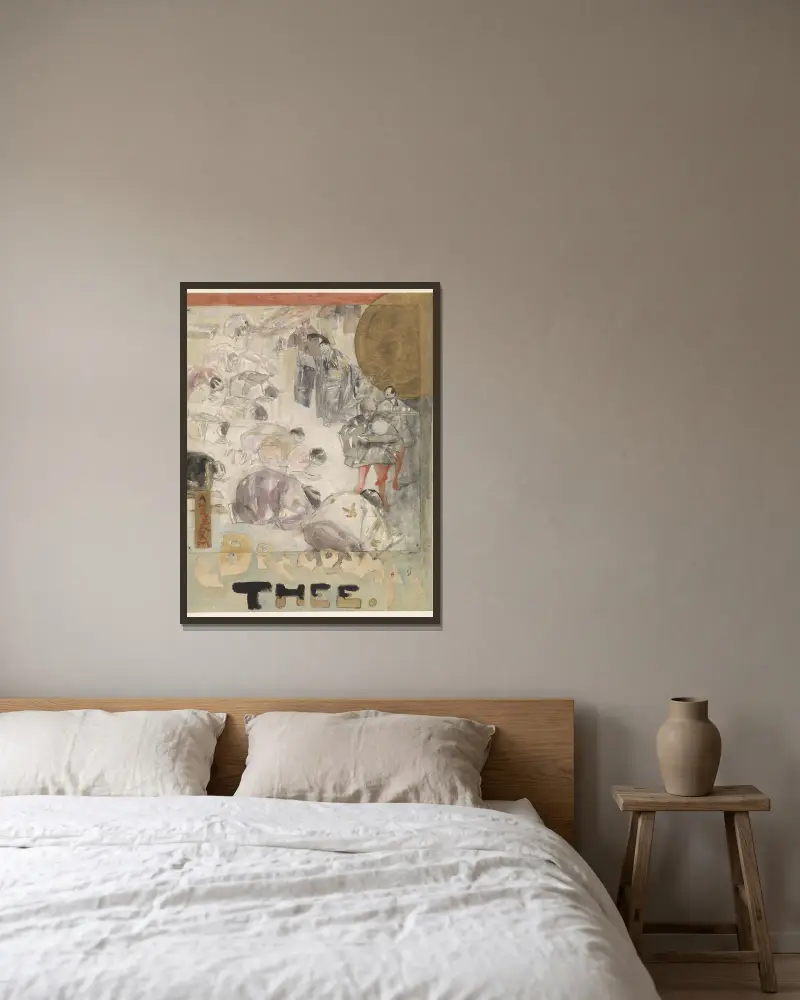 Ontwerp voor een affiche voor Brandsma’s Thee av Marius Bauer inramad på en vägg