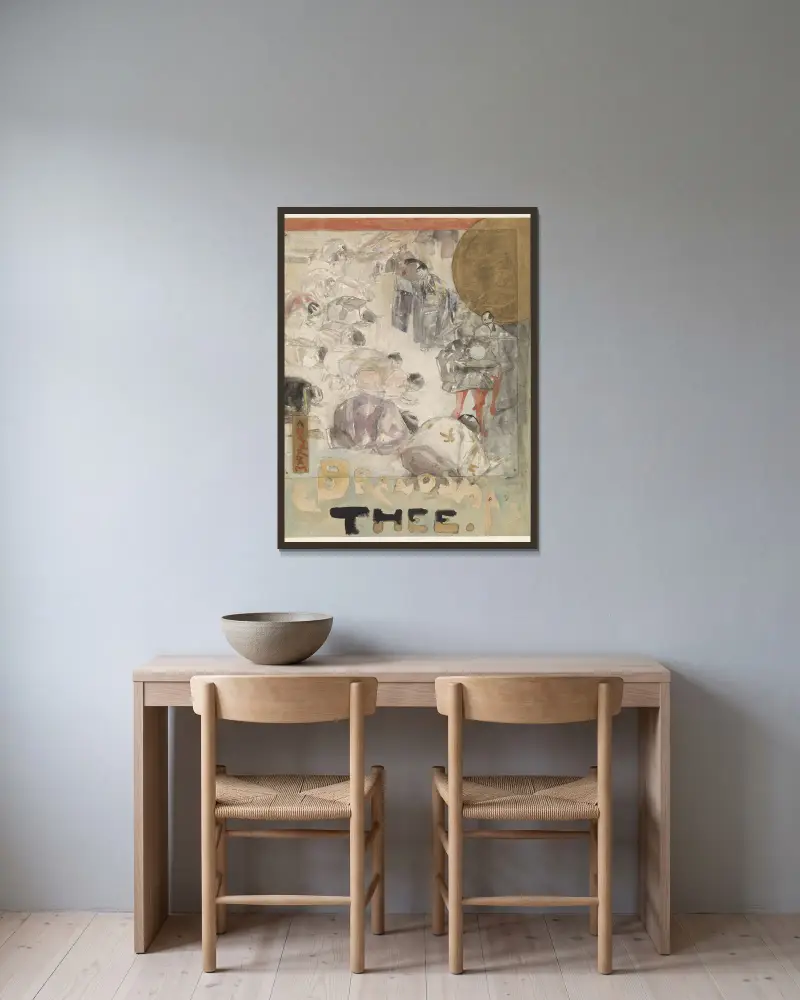 Ontwerp voor een affiche voor Brandsma’s Thee av Marius Bauer inramad på en vägg