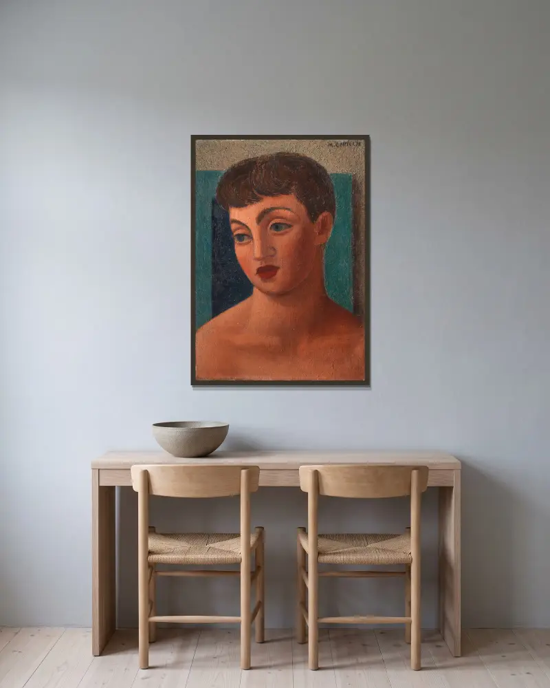 Head of a Girl (Miss Anne David) – nr 1 av Mark Gertler inramad på en vägg