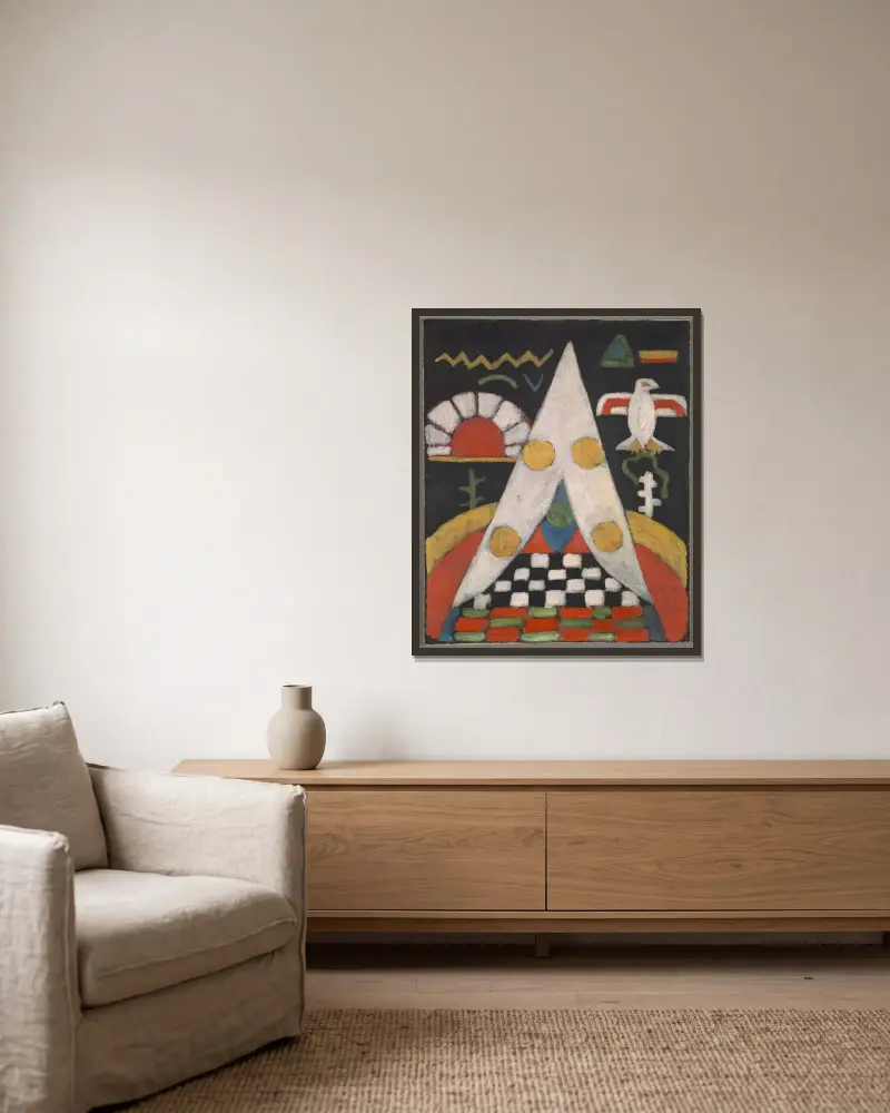 An Abstract Arrangement of American Indian Symbols av Marsden Hartley inramad på en vägg