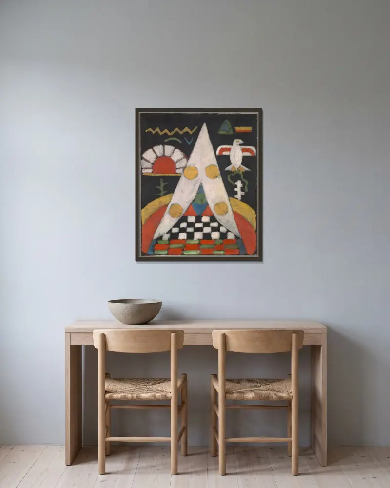 An Abstract Arrangement of American Indian Symbols av Marsden Hartley inramad på en vägg