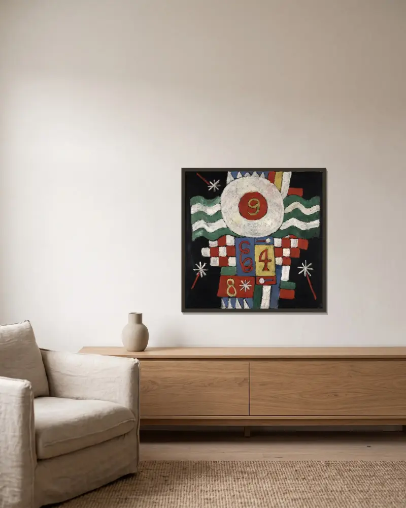 Sammlung von Zahlen, Entwürfen und Buchstaben, die ich zu Beginn des Krieges in Berlin sah – militärischer Natur von Marsden Hartley gerahmt an einer Wand