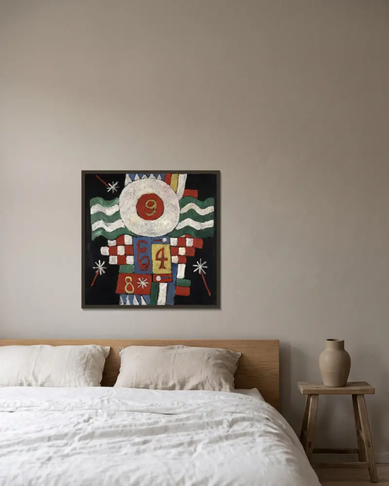 Sammlung von Zahlen, Entwürfen und Buchstaben, die ich zu Beginn des Krieges in Berlin sah – militärischer Natur von Marsden Hartley gerahmt an einer Wand
