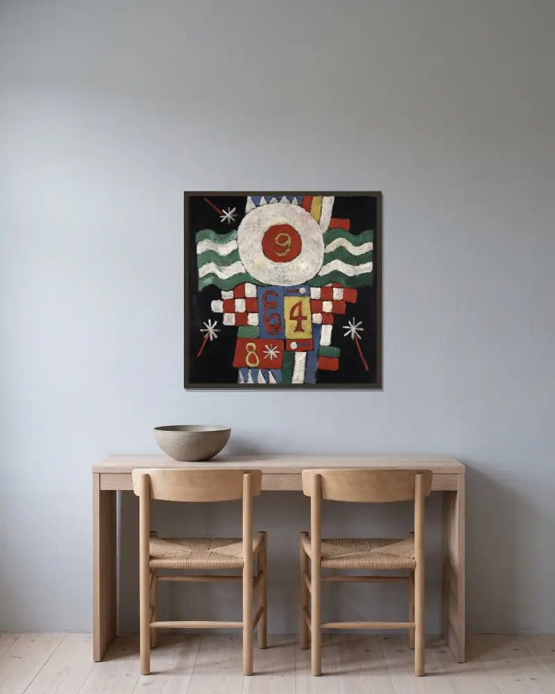 Sammlung von Zahlen, Entwürfen und Buchstaben, die ich zu Beginn des Krieges in Berlin sah – militärischer Natur von Marsden Hartley gerahmt an einer Wand