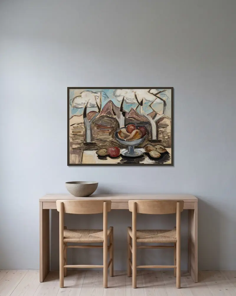 Ovocný kompot a krajina, Marsden Hartley v rámu na stěně