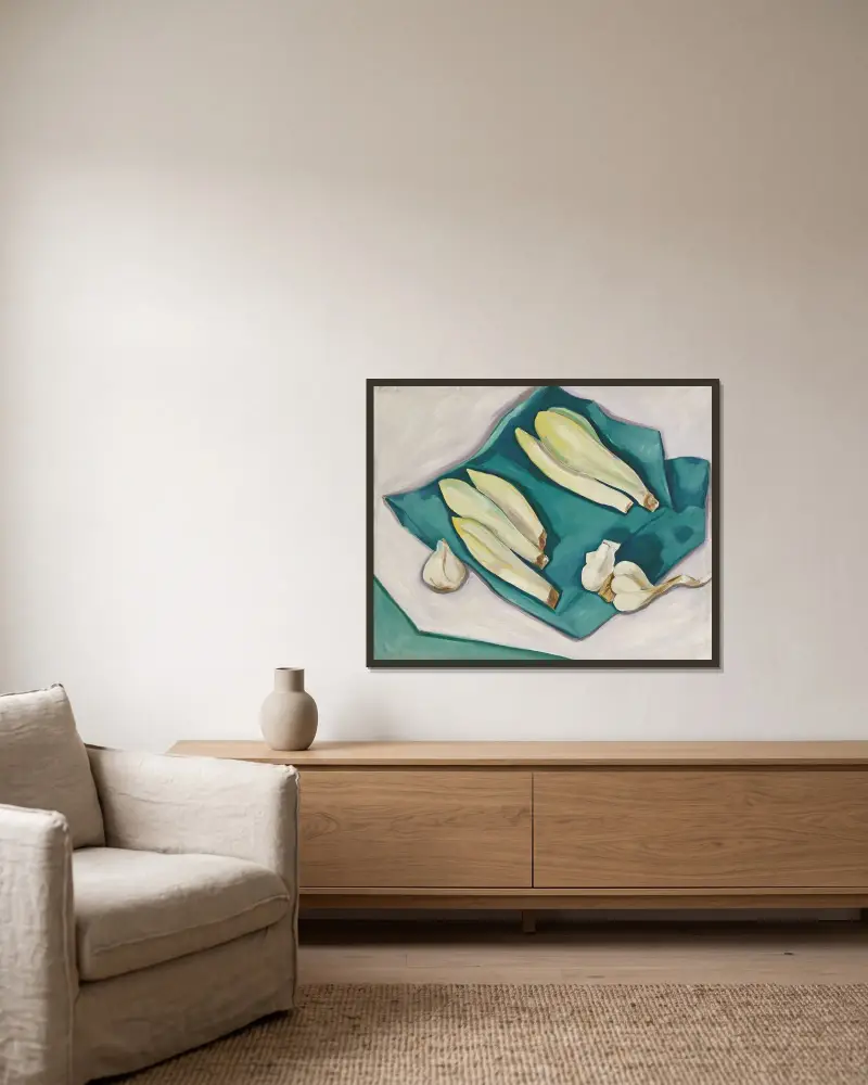 Knoblauch und Endivie von Marsden Hartley gerahmt an einer Wand