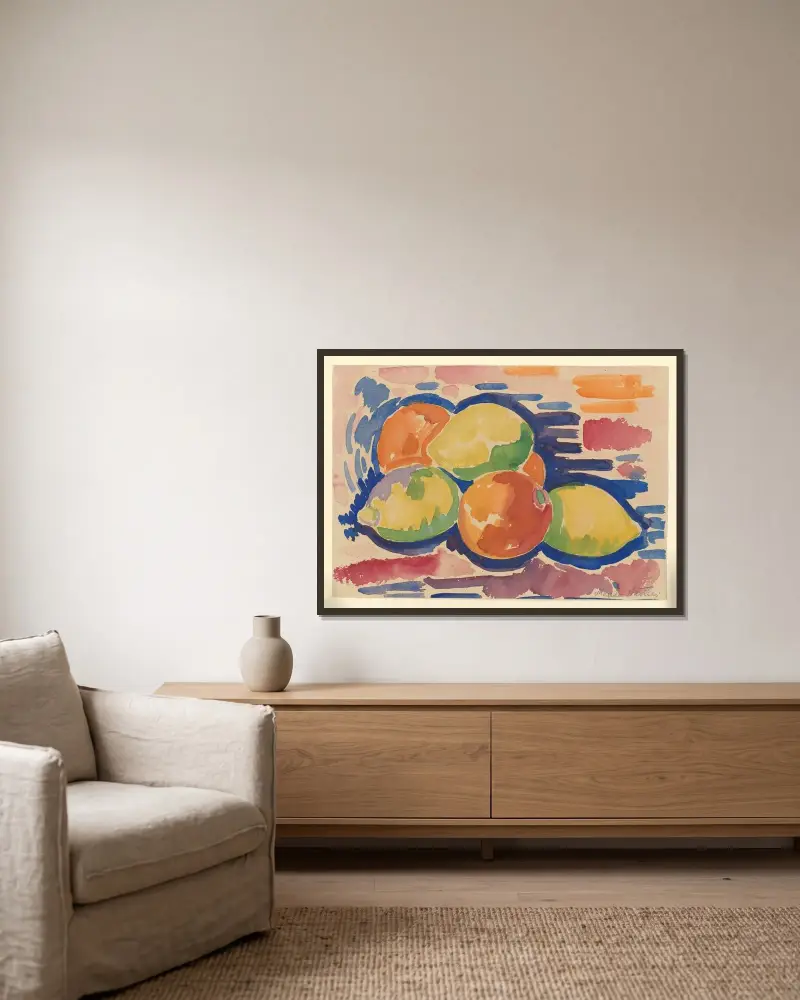 Pfirsiche und Zitronen von Marsden Hartley gerahmt an einer Wand