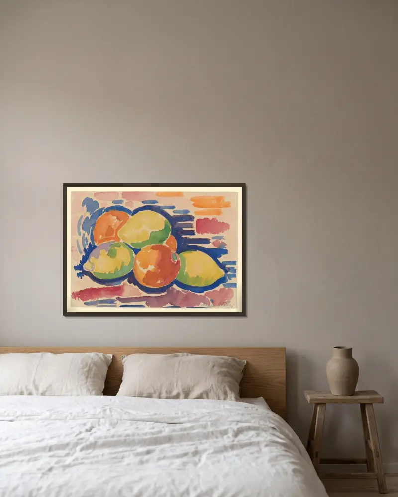 Pfirsiche und Zitronen von Marsden Hartley gerahmt an einer Wand