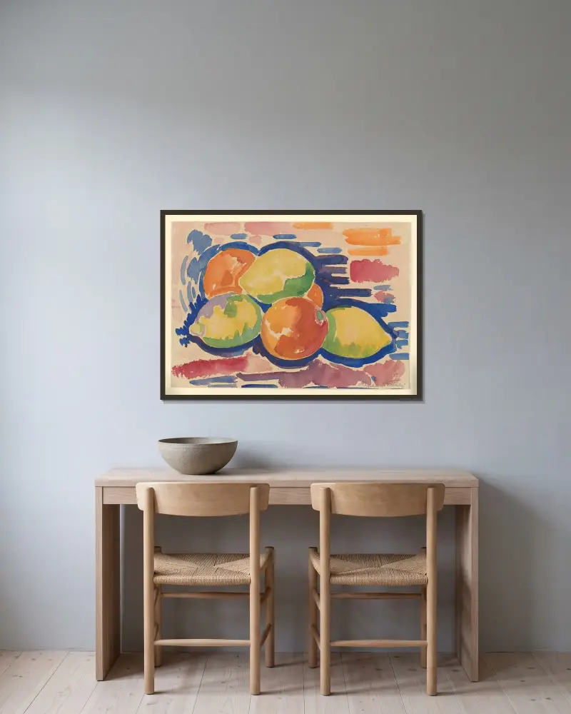 Pfirsiche und Zitronen von Marsden Hartley gerahmt an einer Wand