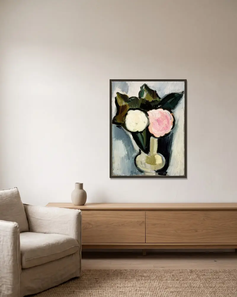 Rosa und weiße Blumen in einer Vase von Marsden Hartley gerahmt an einer Wand