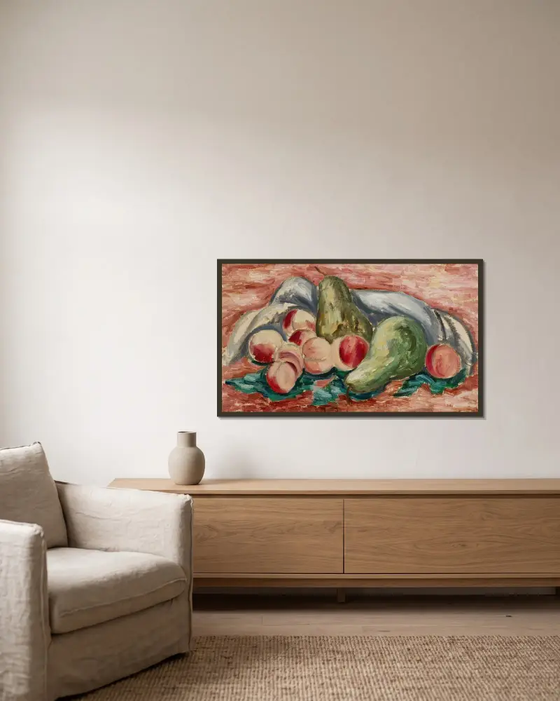 Stillleben mit Pfirsichen und Birnen von Marsden Hartley gerahmt an einer Wand