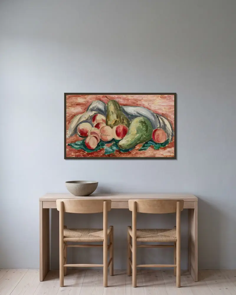 Stillleben mit Pfirsichen und Birnen von Marsden Hartley gerahmt an einer Wand