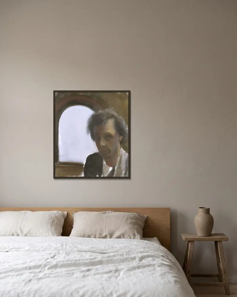 Self-portrait av Martin Åberg inramad på en vägg