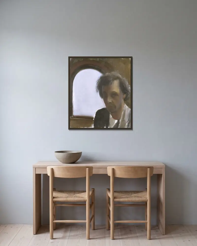 Self-portrait av Martin Åberg inramad på en vägg