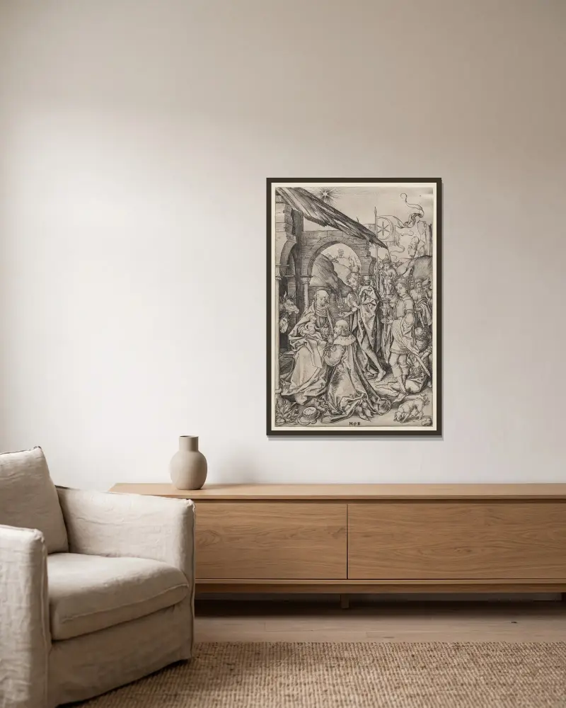 Adoration of the Magi av Martin Schongauer inramad på en vägg