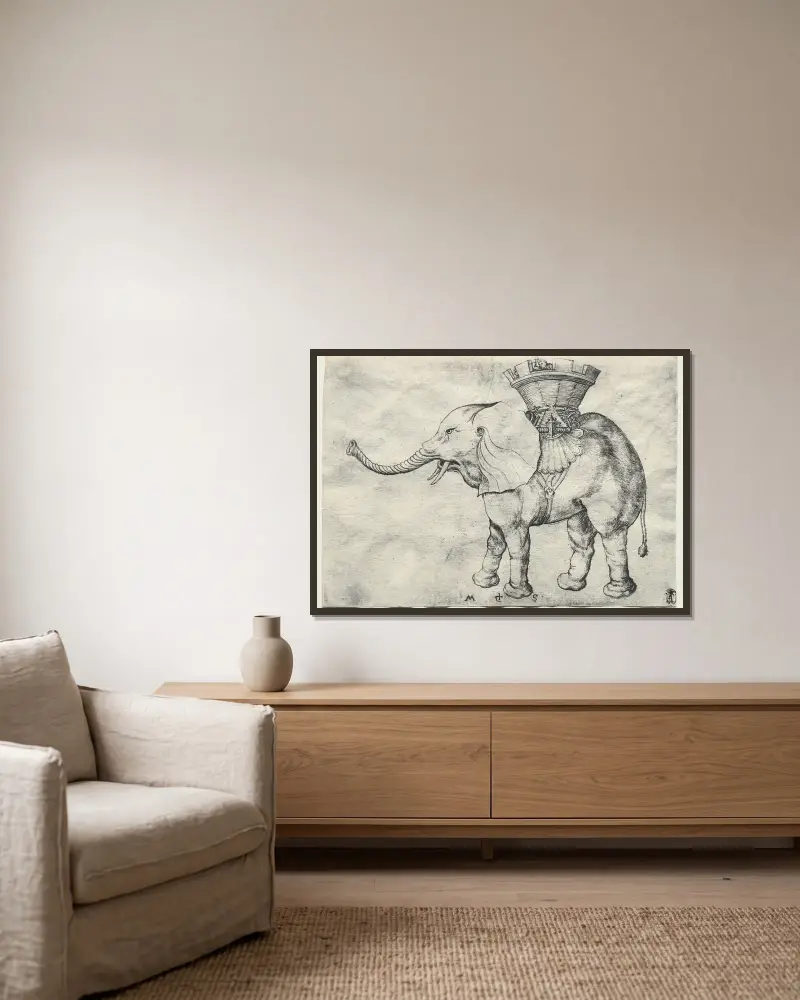 An Elephant with Howdah av Martin Schongauer inramad på en vägg