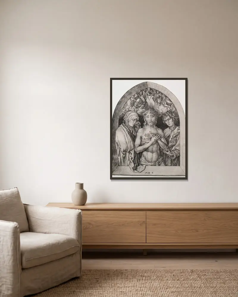 Christ as the Man of Sorrows between the Virgin and St. John av Martin Schongauer inramad på en vägg