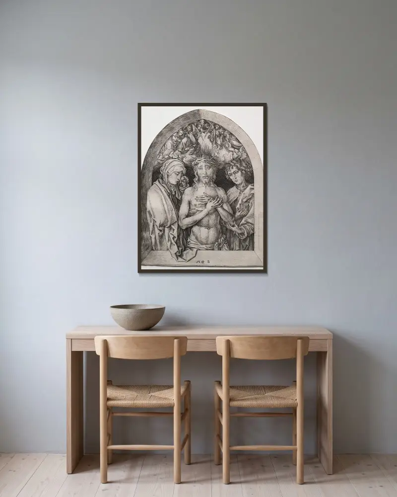 Christ as the Man of Sorrows between the Virgin and St. John av Martin Schongauer inramad på en vägg