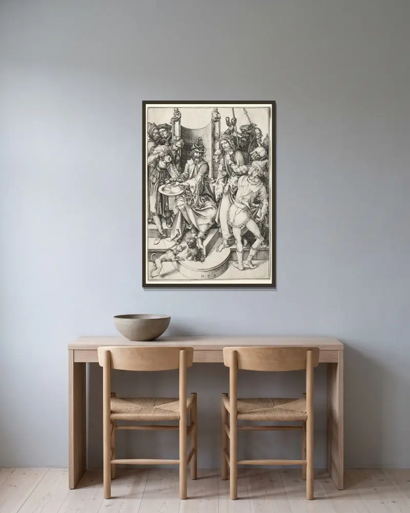 Christus vor Pilatus von Martin Schongauer gerahmt an einer Wand
