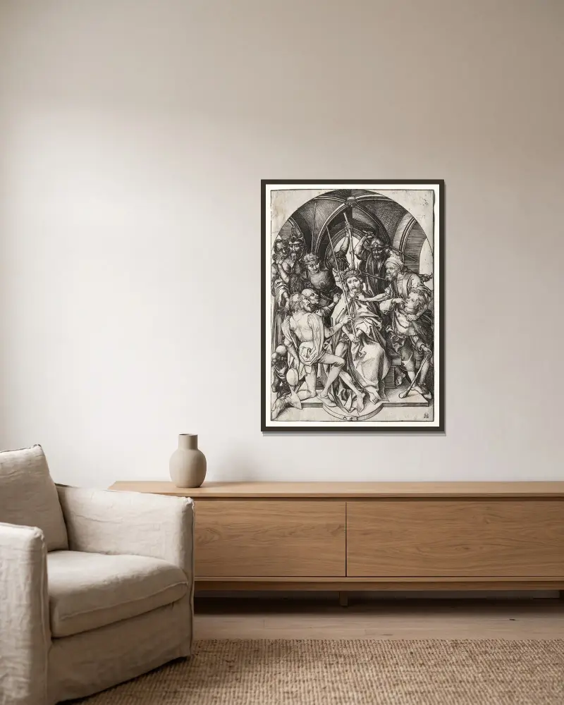 Christus mit der Dornenkrone von Martin Schongauer gerahmt an einer Wand